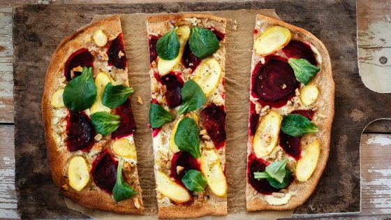 Flammkuchen with beetroot, carrot and lamb's lettuce
