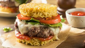 Homemade Ramen Cheese Burger with Lettuce and Tomato