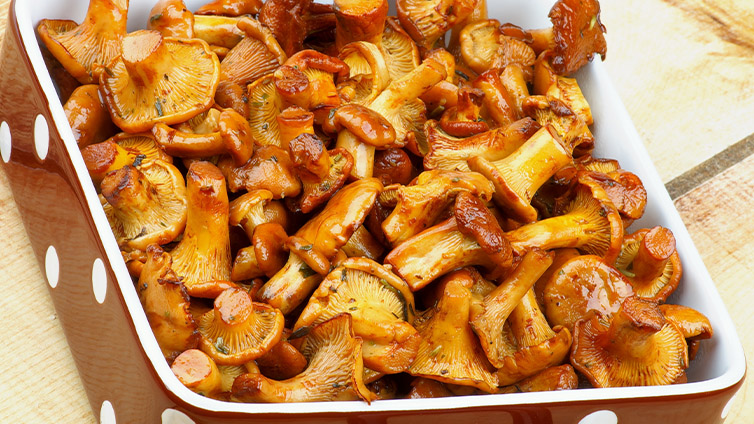 Pfifferlinge gebraten in einer Auflaufform